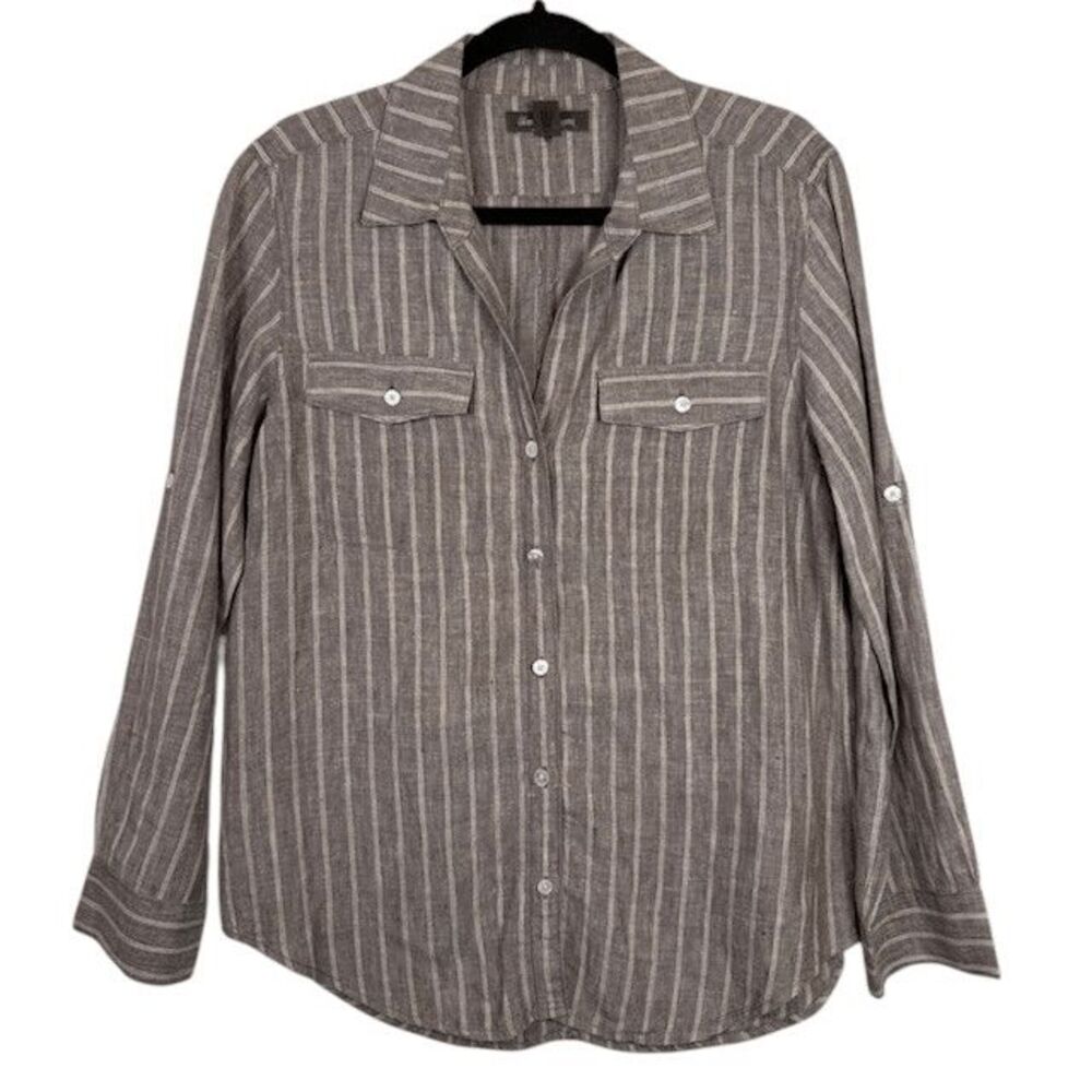 Tommy Bahama Two Palms Button Front‎ Shirt Rusty Brown Stripe Small Linen Blouse